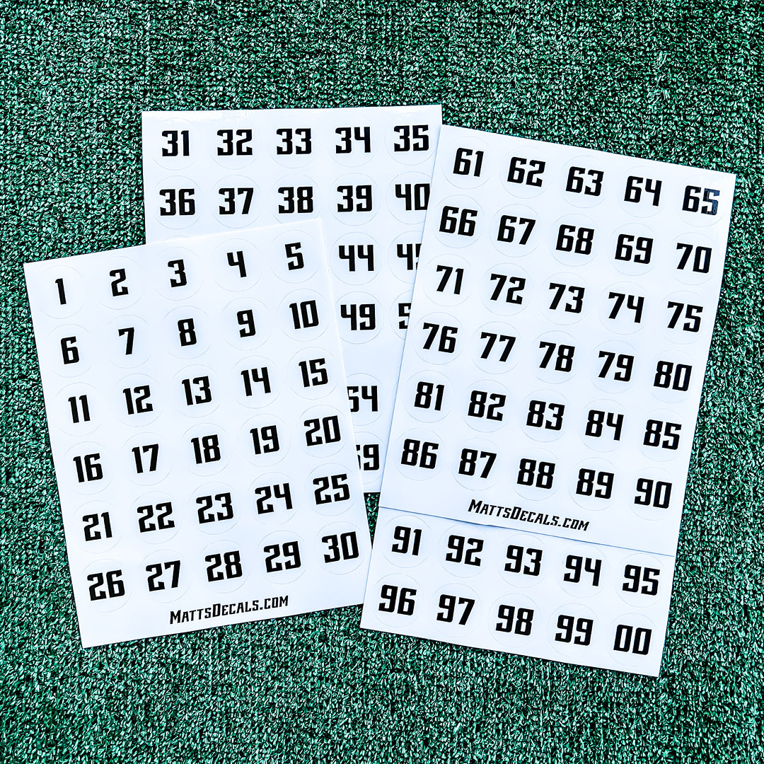 Number Helmet Decals on White Circles