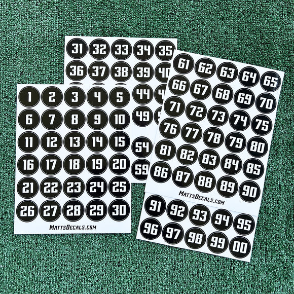 Number Helmet Decals on Black Circles