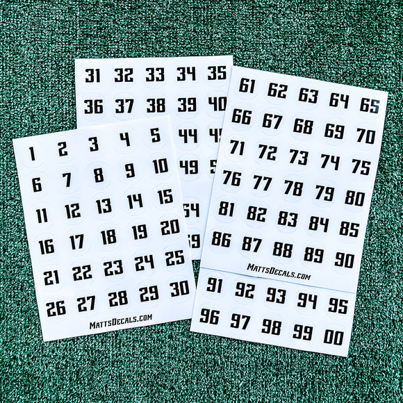 Number Helmet Decals on White Circles